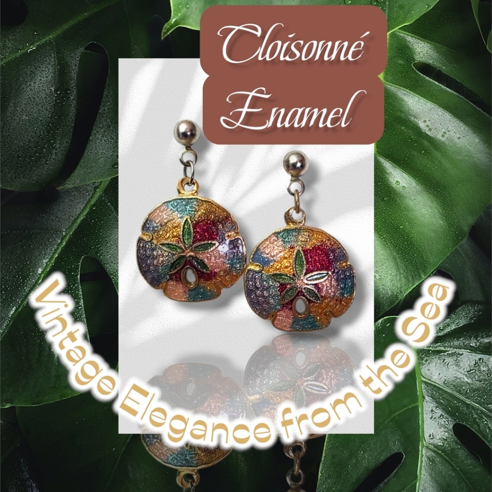 Vintage Cloisonné Sand Dollar Earrings – 1970s Gold Tone